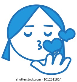 emoticon with girl or young woman blowing an air kiss with her lips and throwing hearts from her hand with eyes closed, circle or ball shaped emoji, simplistic vector face illustration, eps 10