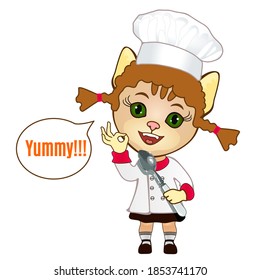 emoticon with gourmet pretty cat girl with pigtails dressed in chef uniform, that standing and holding a spoon in his hand, with great pleasure and showing Italian bellissimo gesture