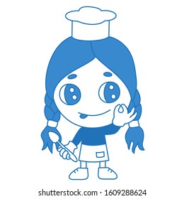 emoticon with gourmet pretty little girl with pigtails dressed in chef uniform, that standing, with great pleasure and showing Italian bellissimo gesture, vector emoji on white isolated background