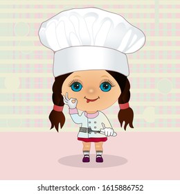 emoticon with gourmet pretty little girl with pigtails dressed in chef uniform, that standing and holding a fork in his hand, with great pleasure and showing Italian bellissimo gesture 