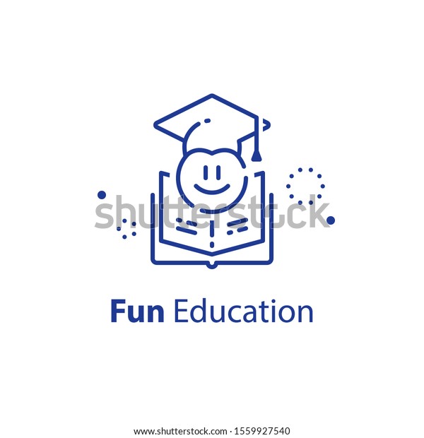 卒業式のキャップに顔文字 教育のコンセプト 楽しい学習 未就学児の準備 初級者向けの早期コース ベクター画像アウトラインアイコン のベクター画像素材 ロイヤリティフリー