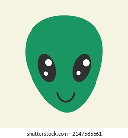 Emoticon with green alien face. Alien humanoid head. Flat design, hand drawn cartoon, vector illustration. Template for printing.