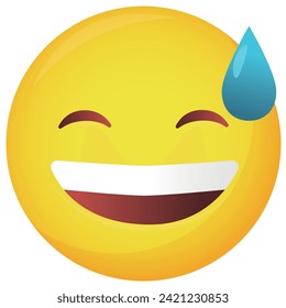 Emoticon with grin and sweat drop isolated on white, vector illustration. Representing discomfort, sudden fright, embarrassment, nerves