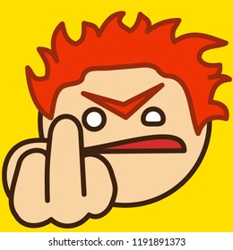 emoticon with grumpy character that shows explicit raised middle finger gesture representing a rude filthy language insult, circle shaped vector emoji in color, simplistic colorful pictogram