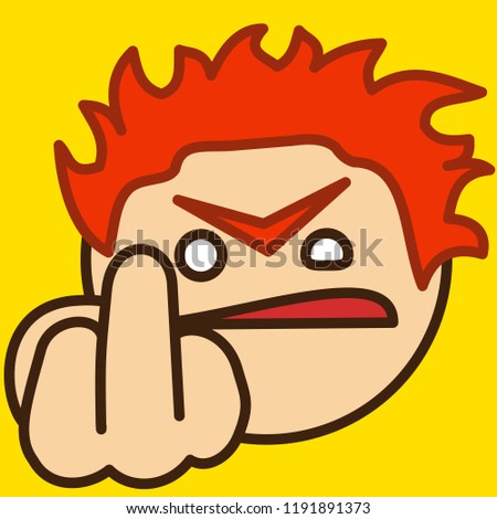 emoticon with grumpy character that shows explicit raised middle finger gesture representing a rude filthy language insult, circle shaped vector emoji in color, simplistic colorful pictogram
