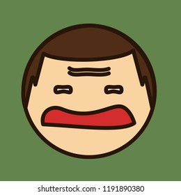 emoticon with grumpy disgusted guy with strict haircut and frowned brow, circle shaped vector emoji in color, simplistic colorful pictogram, ball like personage with thick outlines