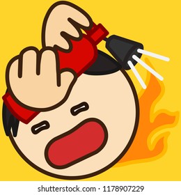 emoticon with guy with flaming butthurt that tries to put out the fire with extinguisher, circle shaped vector emoji in color, simplistic colorful pictogram, ball like personage with thick outlines