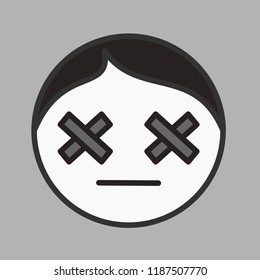 emoticon with guy with x-like dead eyes and neutral face that represents death, circle shaped vector emoji in color, simplistic colorful pictogram, ball like personage with thick outlines