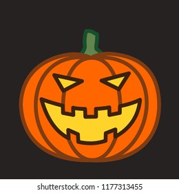 emoticon with hallowed halloween pumpkin with a spooky carved grin and evil eyes, circle shaped vector emoji in color, simplistic colorful pictogram, ball like personage with thick outlines