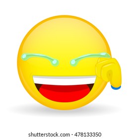 Emoticon hand wipes tears. Laugh emoticon. Smiling emoticon. Joke emoji. Funny emotion. Vector illustration smile icon.