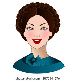 emoticon with a happy beautiful woman, with a braid hairstyle wrapped around her head, wearing an elegant silk blue dress with a bow, color vector emoji 