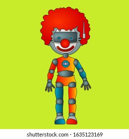 emoticon with happy clown robot, orange hair, wide smile and a fake nose, vector emoji drawn by hand in color