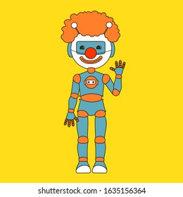 emoticon with happy clown robot, orange hair, wide smile and a fake nose, vector emoji hand drawn on yellow background