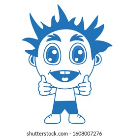 emoticon with a happy cool boy, you're awesome facial expression and thumbs up gesture, blue vector emoji on white isolated background