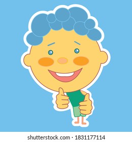 emoticon with a happy cool boy, you're awesome facial expression and thumbs up gesture, color vector emoji on isolated background
