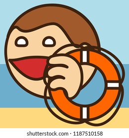 emoticon with happy man that is holding an emergency water lifebuoy, circle shaped vector emoji in color, simplistic colorful pictogram, ball like personage with thick outlines