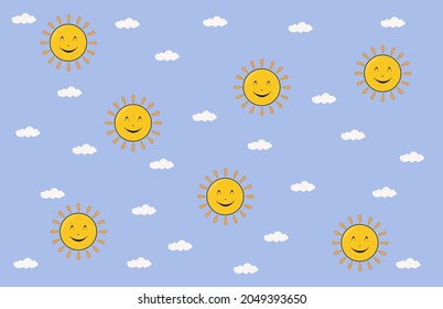Emoticon happy on sun and white clouds vector for background, wallpaper or backdrop. Children theme 