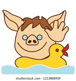 emoticon with happy pig boy that is swimming in a paddling water pool on an inflatable rubber duck while holding his palm high in a greeting gesture, man says hi or hello while having a bath