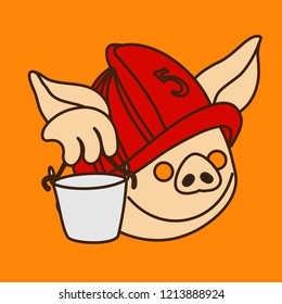 emoticon with happy retro fireman or firefighter pig at work fighting the fire with water bucket wearing a safety helmet or casque, vector emoji drawn by hand in color, simplistic colorful picture