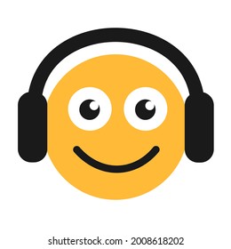 Emoticon of happy smiling person and man who is listening music, sound and audio by earphones, headphones, headset and head set. Vector illustration isolated on white.