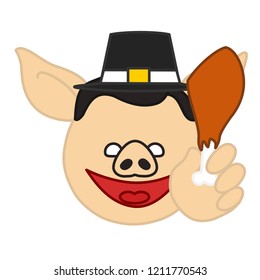 emoticon with happy smiling pig pilgrim in a hat that is holding a turkey leg while celebrating the thanksgiving, vector emoji drawn by hand in color, simplistic colorful picture