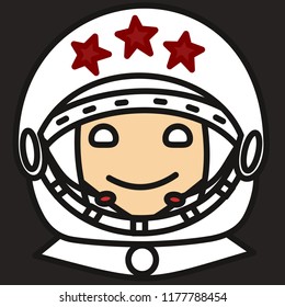 emoticon with happy smiling soviet cosmonaut, chinese or russian astronaut or nasa spaceman in a spacesuit or jump suit with an opened space helm decorated with five point stars, primitive vector art