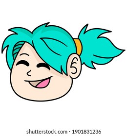emoticon head of a beautiful green haired woman laughing happily, doodle draw kawaii. vector illustration art