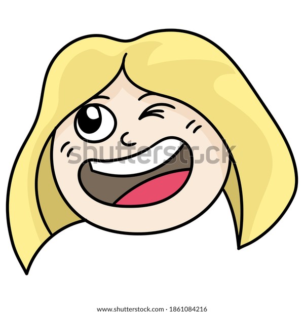 Emoticon Head Blonde Woman Laughing Happily เวกเตอรสตอก ปลอดคาลขสทธ