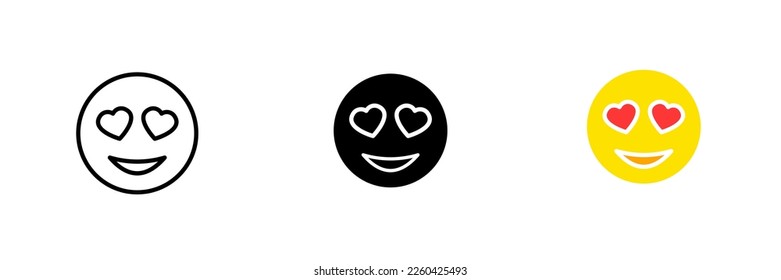 Emoticon with heart shaped eyes. Love, express feelings, adore, admire, like, online communication. Vector set icon in line, black and colorful styles isolated on white background