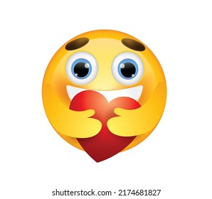 Emoticon With Heart Vector Illustration. Emoticon Vector. Round Yellow Cartoon Hugging Heart Love Design For Use In Chat, Email, Massage And Comment. Emoji With Red Heart.