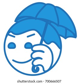 emoticon holding an umbrella under the rain, simplistic facial expression vector illustration, circle or ball shaped cartoon character, simple hand drawn line icon from a set, eps 10