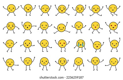 Emoticon human yellow cartoon set. Emoji with hands and legs. Smile characters isolated on white. Circle face flat symbol. Expression emotion message sign. Happy fun laugh chat sticker