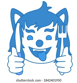 emoticon hungry wolf ready to eat with fork and knife in hands, funny cartoon character with simplistic facial expression, simple hand drawn line icon from set