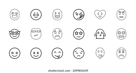 Emoticon icon. collection of 18 emoticon outline icons such as smiling emot, emoji in mask, angry emot, ghost. editable emoticon icons for web and mobile.