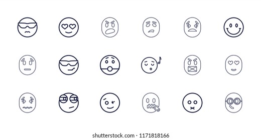 Emoticon icon. collection of 18 emoticon outline icons such as wink emot, sad emot, emoji listening music, rolling eyes emoji. editable emoticon icons for web and mobile.
