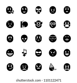Emoticon icon. collection of 25 emoticon filled icons such as laughing emot, sad emot, eating mouth, shy emoji, nerd emoji. editable emoticon icons for web and mobile.