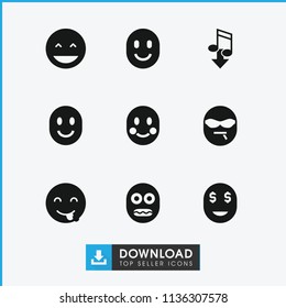 Emoticon icon. collection of 9 emoticon filled icons such as laughing emot, emot showing tongue, eating mouth, blush. editable emoticon icons for web and mobile.