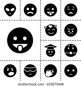 Emoticon icon. set of 13 filled emoticonicons such as sad emot, crying emot, emoji showing tongue, graduate emoji, alien head