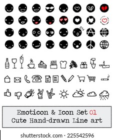Emoticon - Icon Set, Cute, simple and Hand Drawn Line Art With smiley faces and lots of different little drawings