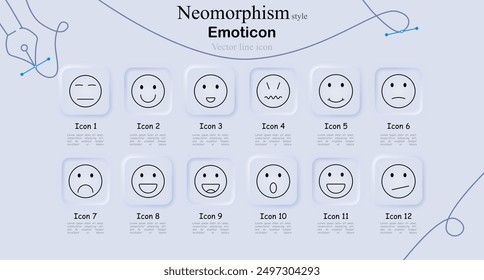 Emoticon icon set in neomorphism style. Neutral face, smiley, happy face, surprised, sad, laughing, shocked, winking, vector line art, emoji, expression