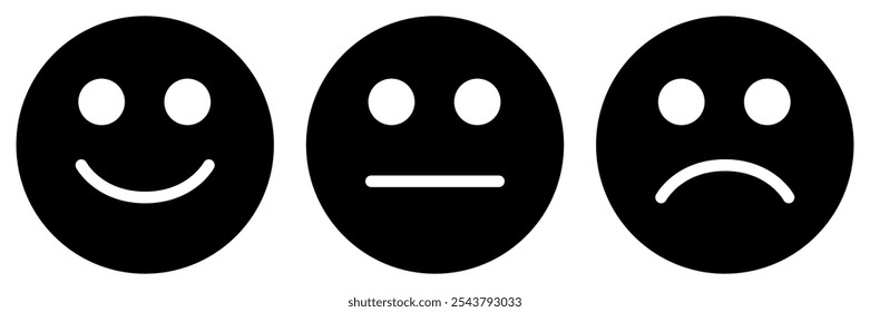 Conjunto de iconos de emoticonos, tres emojis: feliz, triste y neutral, símbolo de cara sonriente, Ilustración vectorial en blanco y negro aislada sobre fondo blanco