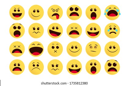 Juego de vectores de iconos de emoticonos. Emoji y emoticono plano en diferentes expresiones faciales como triste, sorpresa, somnoliento y llorando aislados en fondo blanco. Ilustración vectorial. 