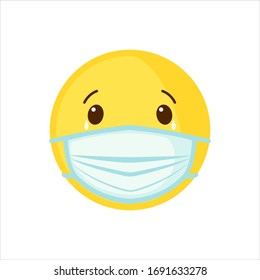 Emoticon icon wear face mask for COVID-19 protection in flat style isolated on white background. Coronavirus concept. Vector illustration.