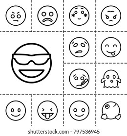 Emoticon icons. set of 13 editable outline emoticon icons such as sad smiley, smiling emot, emot in sun glasses, shy emoji, ghost, angry emoji