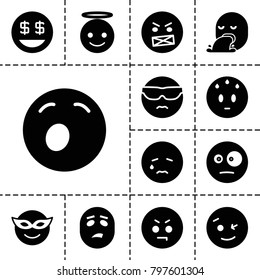 Emoticon icons. set of 13 editable filled emoticon icons such as wink emot, emoji in mask, crying emot, emoji angel