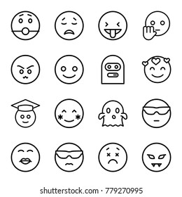 Emoticon icons. set of 16 editable outline emoticon icons such as smiling emot, blush, crying emot, graduate emoji