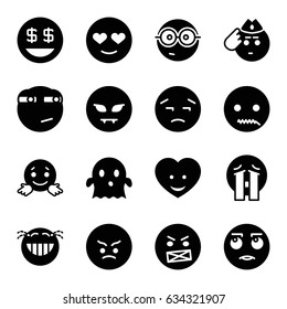 Emoticon icons set. set of 16 emoticon filled icons such as angry emot, upset emot, nerd emoji, ghost, dollar smiley, crying emoji, rolling eyes emoji