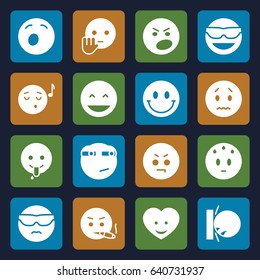 Emoticon icons set. set of 16 emoticon filled icons such as laughing emot, emot in sun glasses, emoji listening music, emoji showing tongue, rolling eyes emoji, heart face