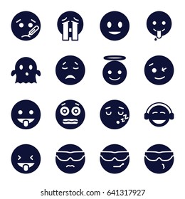 Emoticon icons set. set of 16 emoticon filled icons such as smiling emot, wink emot, emoji angel, emoji