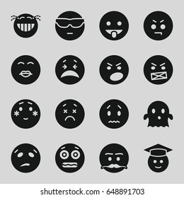 Emoticon icons set. set of 16 emoticon filled icons such as sad emot, crying emot, shy emoji, graduate emoji, ghost